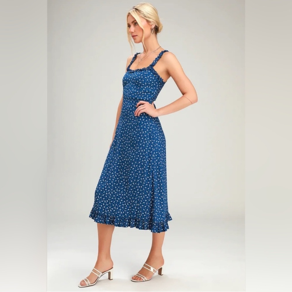 Faithfull the brand Noemie Navy Blue Floral Print Ruffled Midi Dress